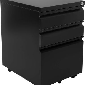 Mount-It! 3 Drawer File Cabinet with Lock and Wheels, Under Desk Storage Filing Pedestal for Home Office, No Assembly Small Rolling File Cabinet for Legal, Letter, and A4 Files in Black