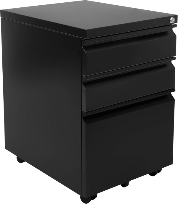 Mount-It! 3 Drawer File Cabinet with Lock and Wheels, Under Desk Storage Filing Pedestal for Home Office, No Assembly Small Rolling File Cabinet for Legal, Letter, and A4 Files in Black
